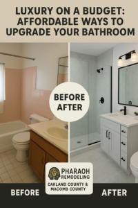 Before and after bathroom remodel in Macomb County showing affordable luxury upgrade.
