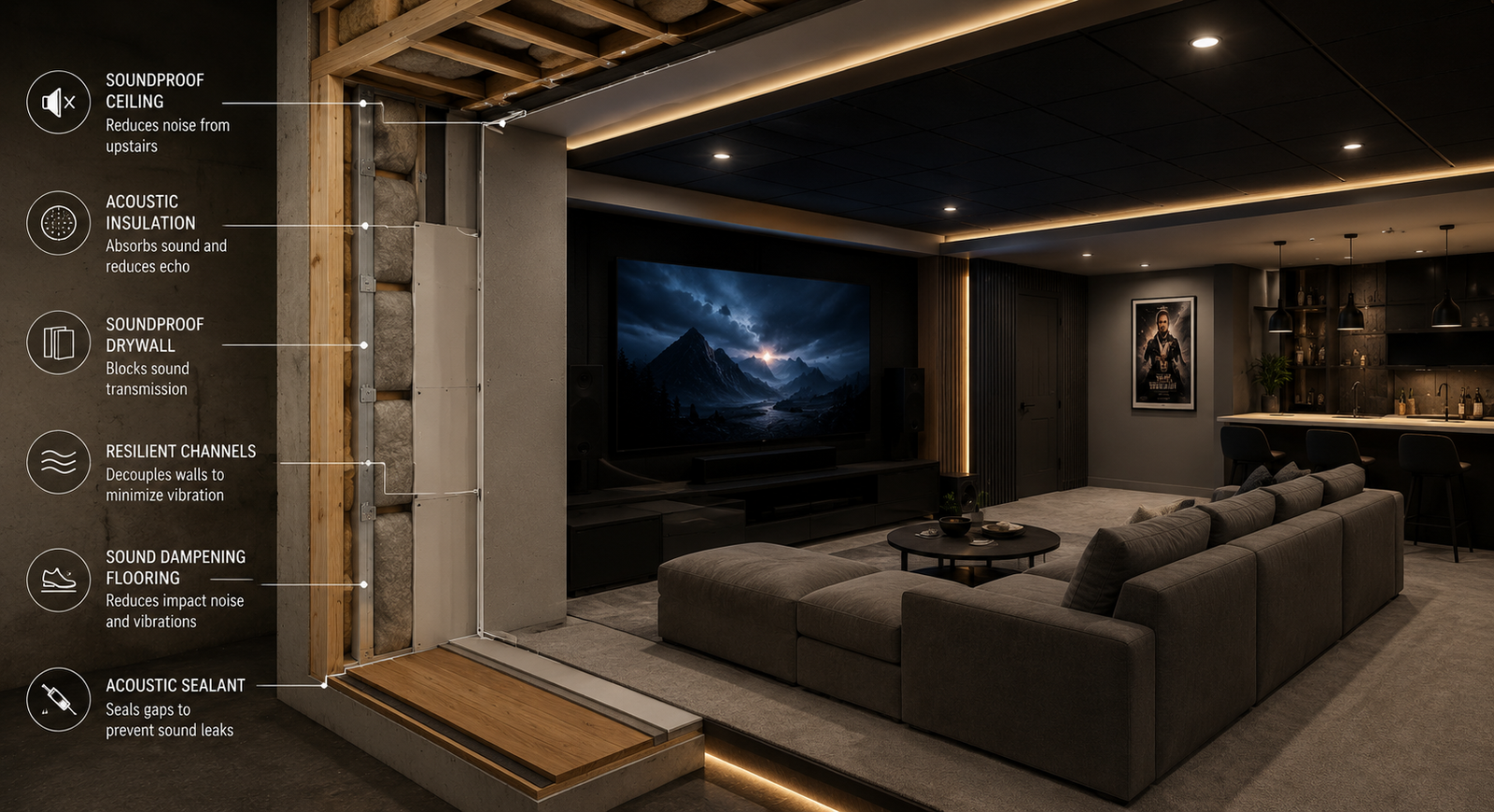 Luxury basement renovation with professional soundproofing and acoustic upgrades.