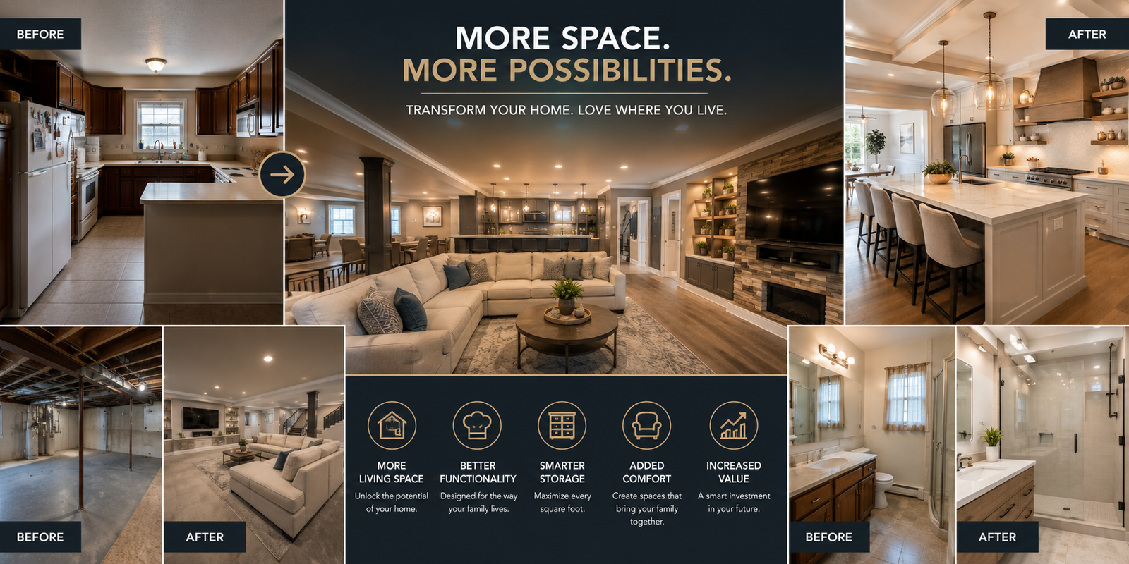 Luxury home renovation featuring remodeled basement, modern kitchen, and upgraded bathroom for functional family living.