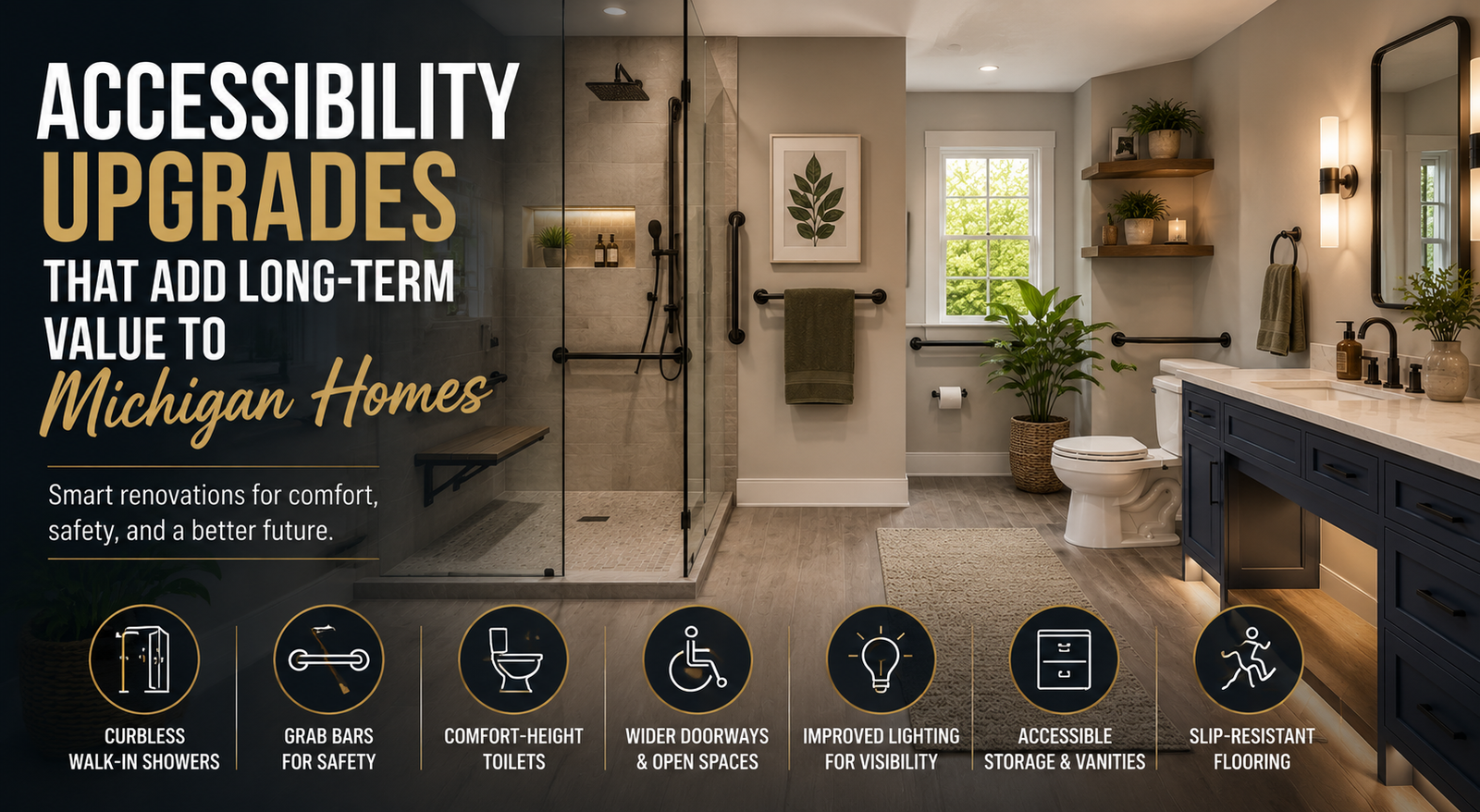 Accessible bathroom renovation with walk-in shower and safety features for aging in place.