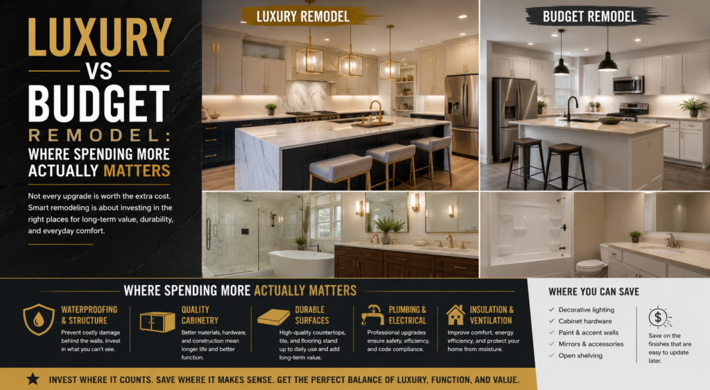 Luxury vs budget home remodeling guide comparing smart renovation investments for kitchens, bathrooms, and basements.