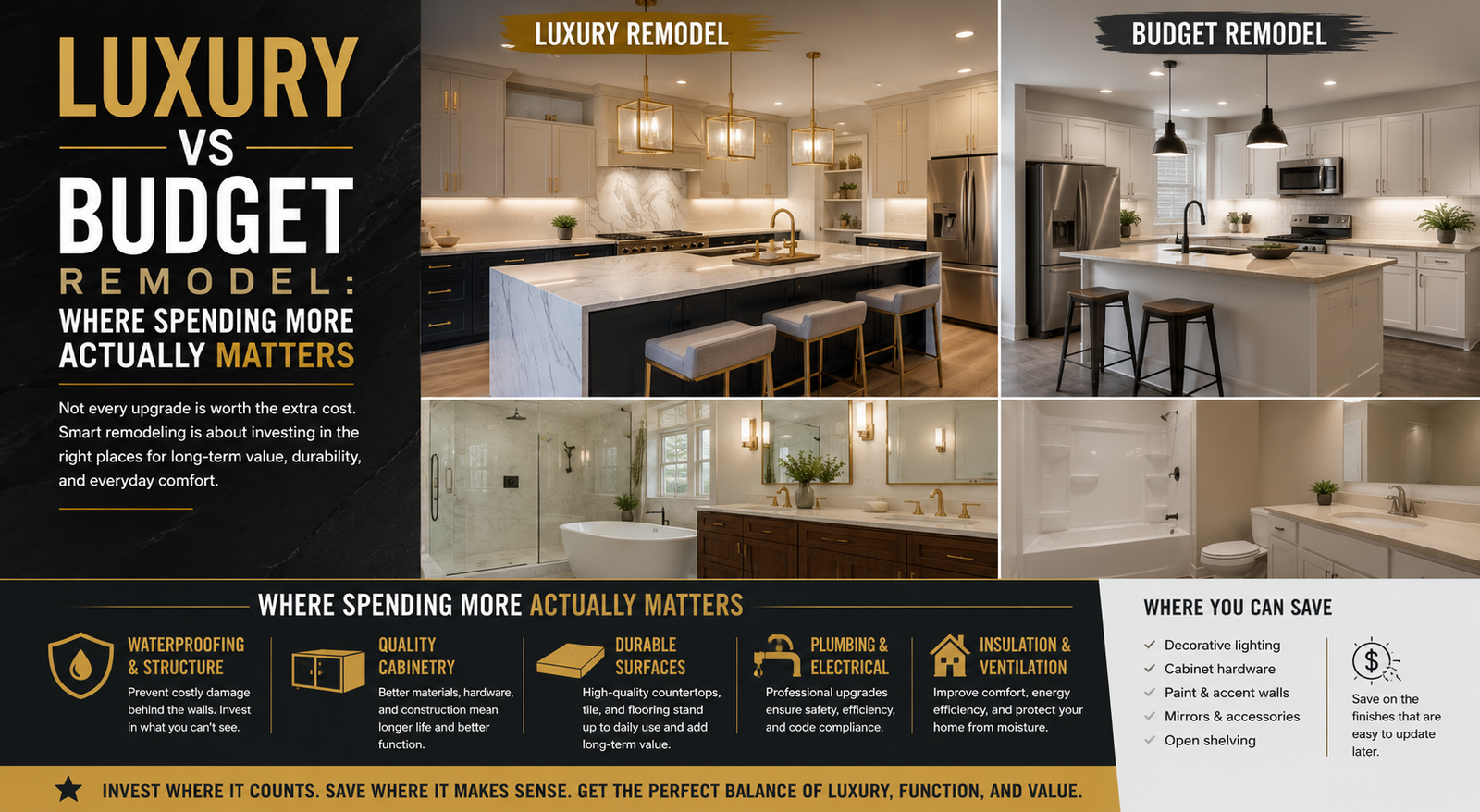 Luxury vs budget home remodeling guide comparing smart renovation investments for kitchens, bathrooms, and basements.